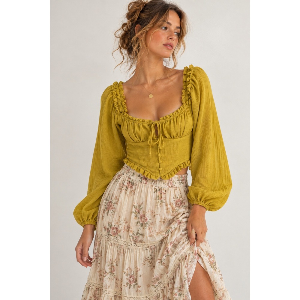 Forever 21 Mustard Yellow Ruffle Trim Smocked Back Long Sleeve Crop Top Small